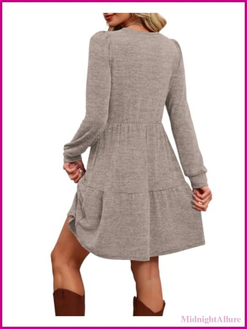 Long Sleeve Crew Neck Babydoll Dress with Pockets Tiered Skirt - Picture 3 of 6